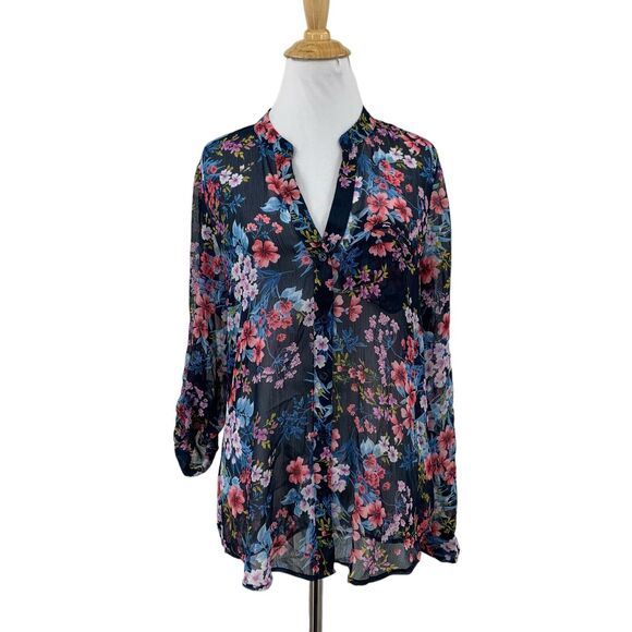 Kut From The Kloth Blouse Womens S Small Navy Floral Notch Button Up Tab Sleeve - Picture 1 of 13